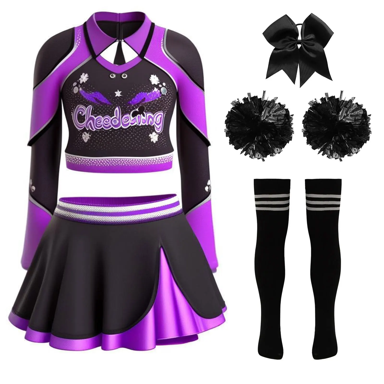 Costume de leader de joie pour femmes, 6 pièces, haut court avec Mini jupe, bandeau, boules de fleurs, bas, Costume de danse brillant