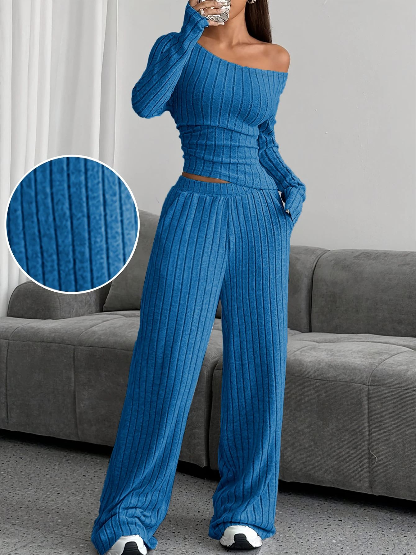 Women's 2 Piece Vertical Ribbed Outfit Set, Off Shoulder Long Sleeve Crop Top & Elastic Waist Wide Leg Pants, Sexy Casual Going