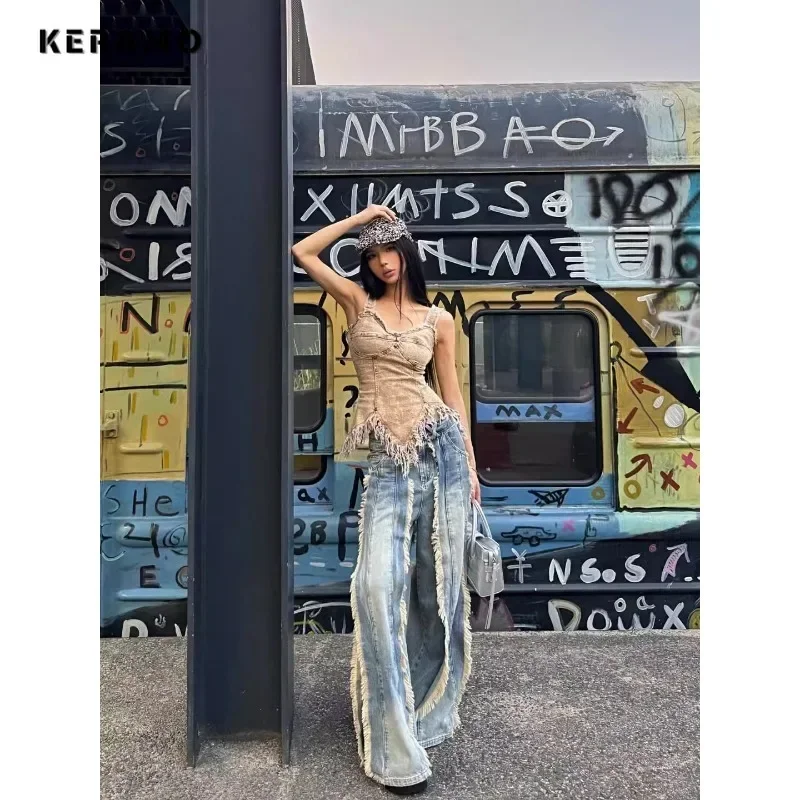 American Vintage High Waisted Cozy Emo Jeans Women Casual Burr Edge Pants Baggy Y2K Wide Leg Grunge Street Washed Denim Trouser