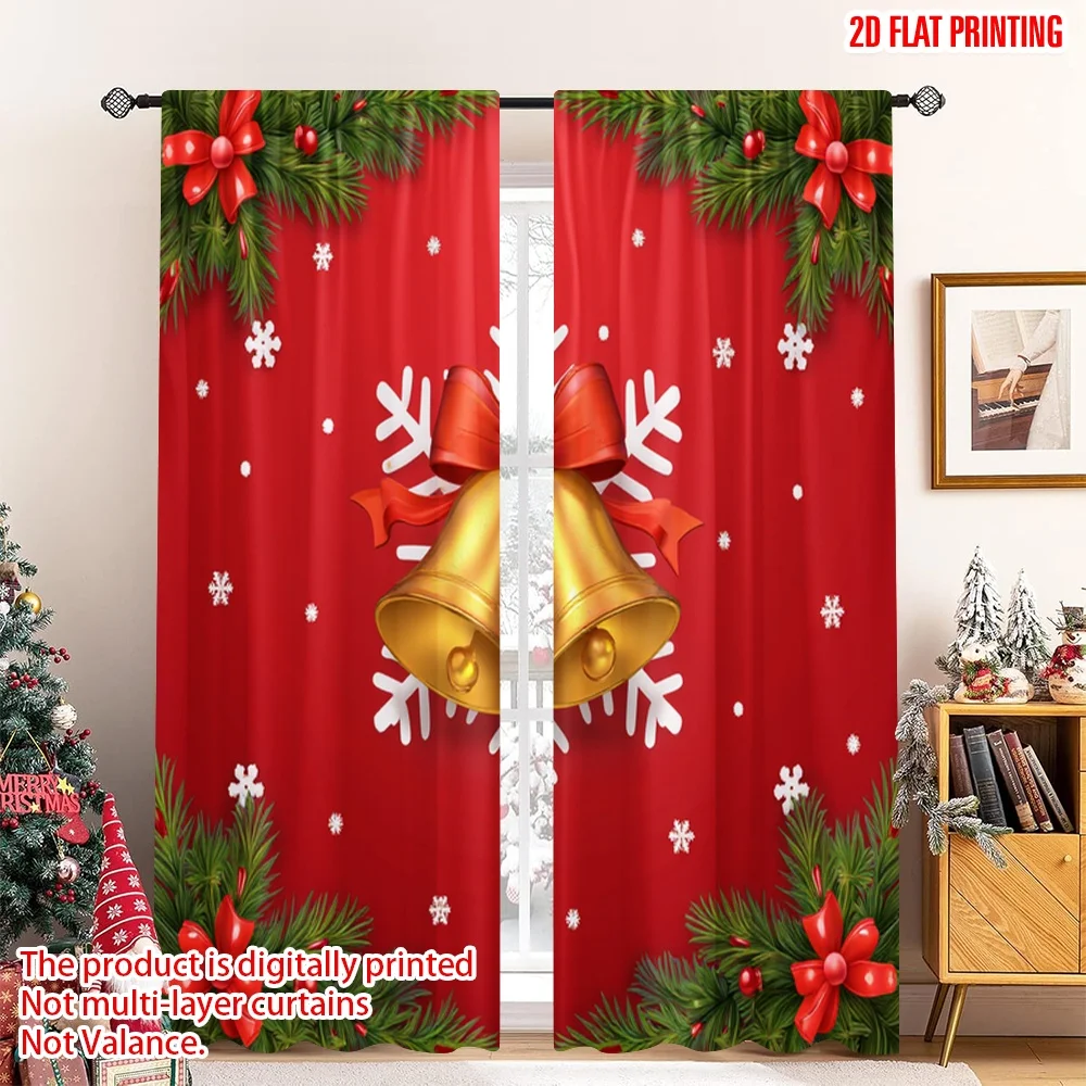 

2pcs 2D flat printing Christmas Window Curtains Christmas Bells Snowflakes Decorations Polyester Without Electricity Party