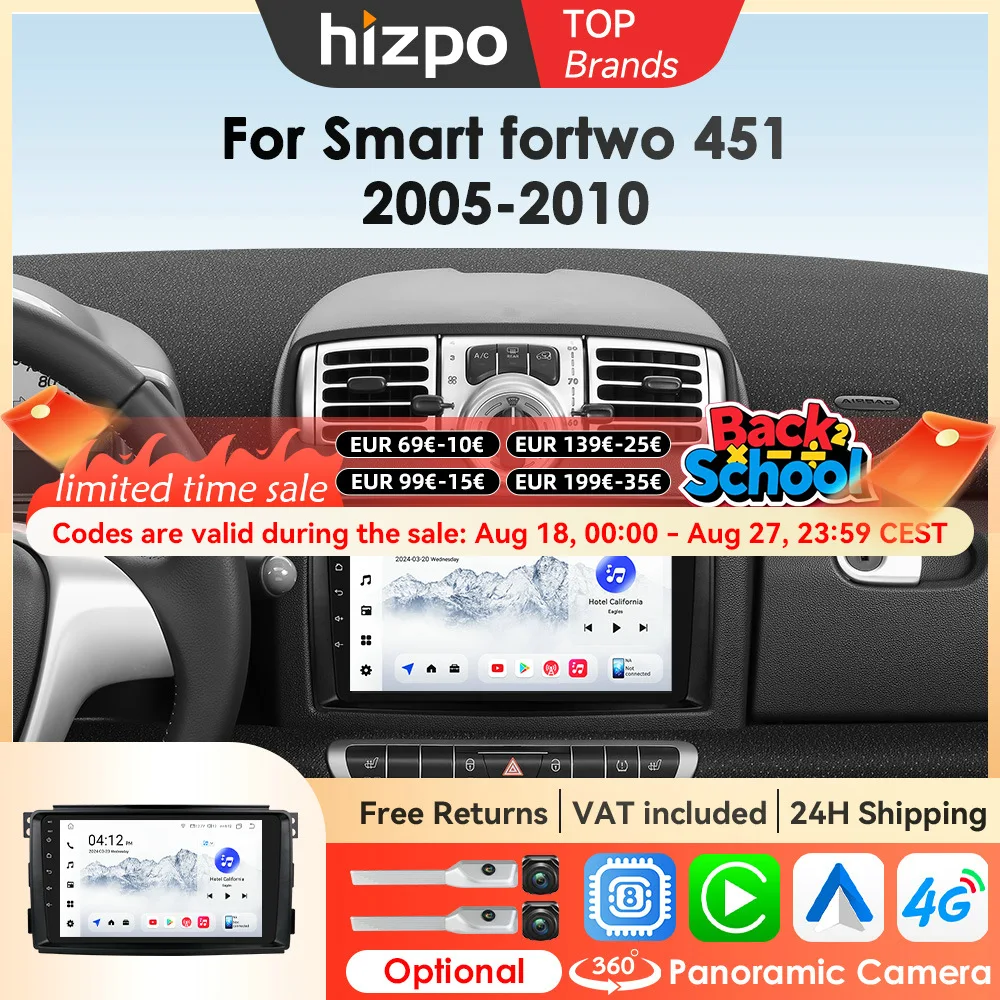 Hizpo Sistemi Intelligenti Per Auto Per Merced Benz Smart Fortwo 451 2005-2010 Stereo per Apple CarPlay Multimedia GPS RDS 4G 2din BT