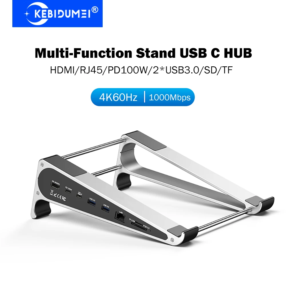KEBIDUMEI 7-in-1 Stand Docking Stations Laptop Docking Station USB C HUB TYPE-C to 4K60Hz HDMI 1000Mbps Gigabit Ethernet Adapter