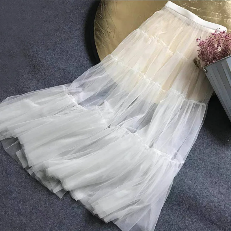 Plus Size Korean High waist transparent Mesh pleated women's long skirt  long skirts for women fashion 2024 female pleated skirt