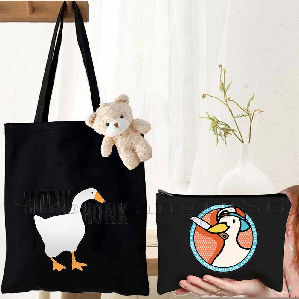 

3PCS Funny Honk Untitled Goose Game Lovely Meme Noot Duck Cartoon Animal Canvas Shoulder Tote Bag Cotton Shopper Casual Handbag