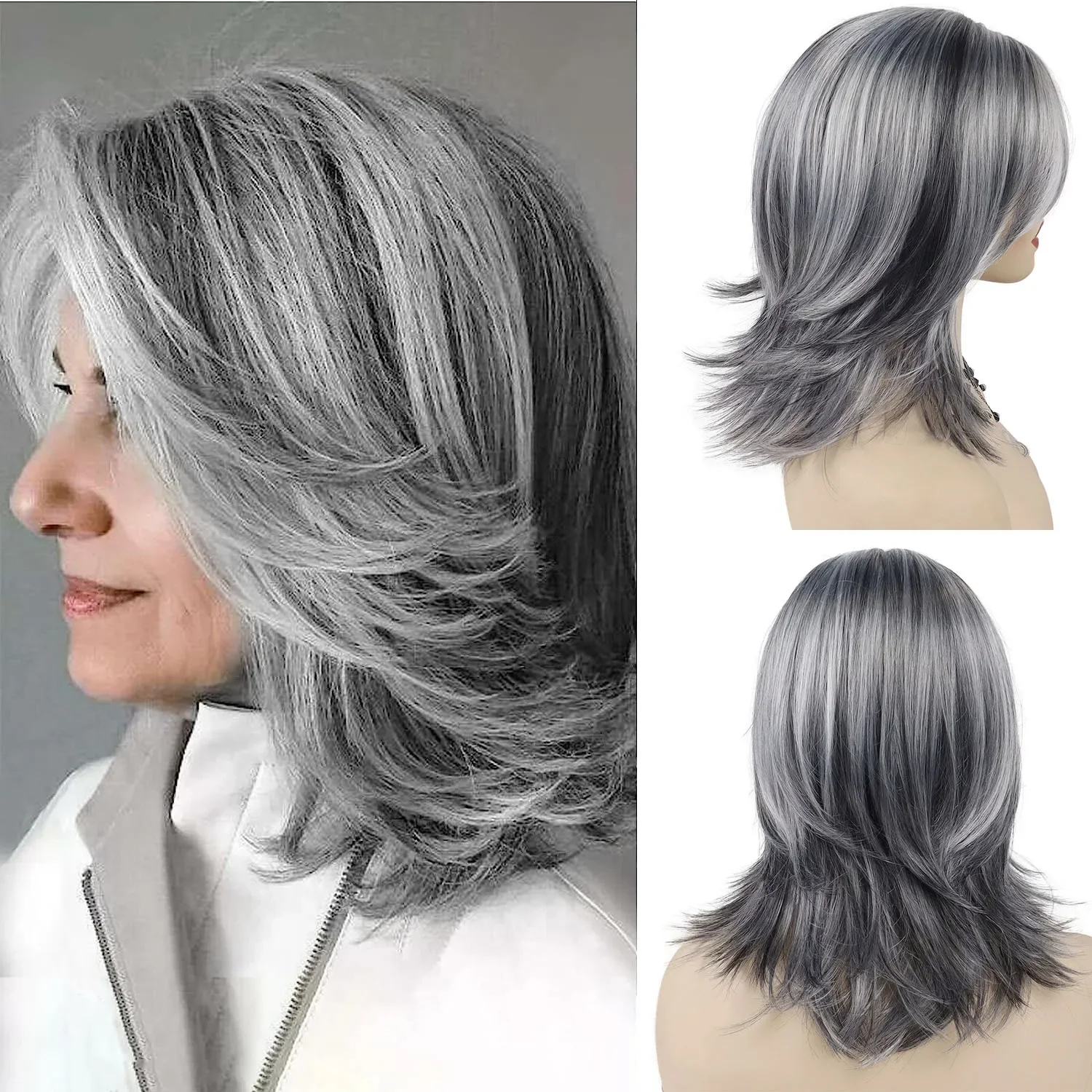 GNIMEGIL Synthetic Wigs for Women Long Hair Old Lady Wig Layered Hair with Curtain Bangs Mix Grey Color Natural Wigs for Daily