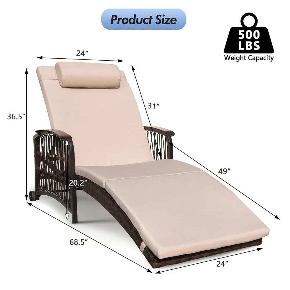 5-Position Adjustable Rattan Wicker Chaise Lounge Set With Wheels Soft Cushions Outdoor Patio Pool Side Relax Furniture