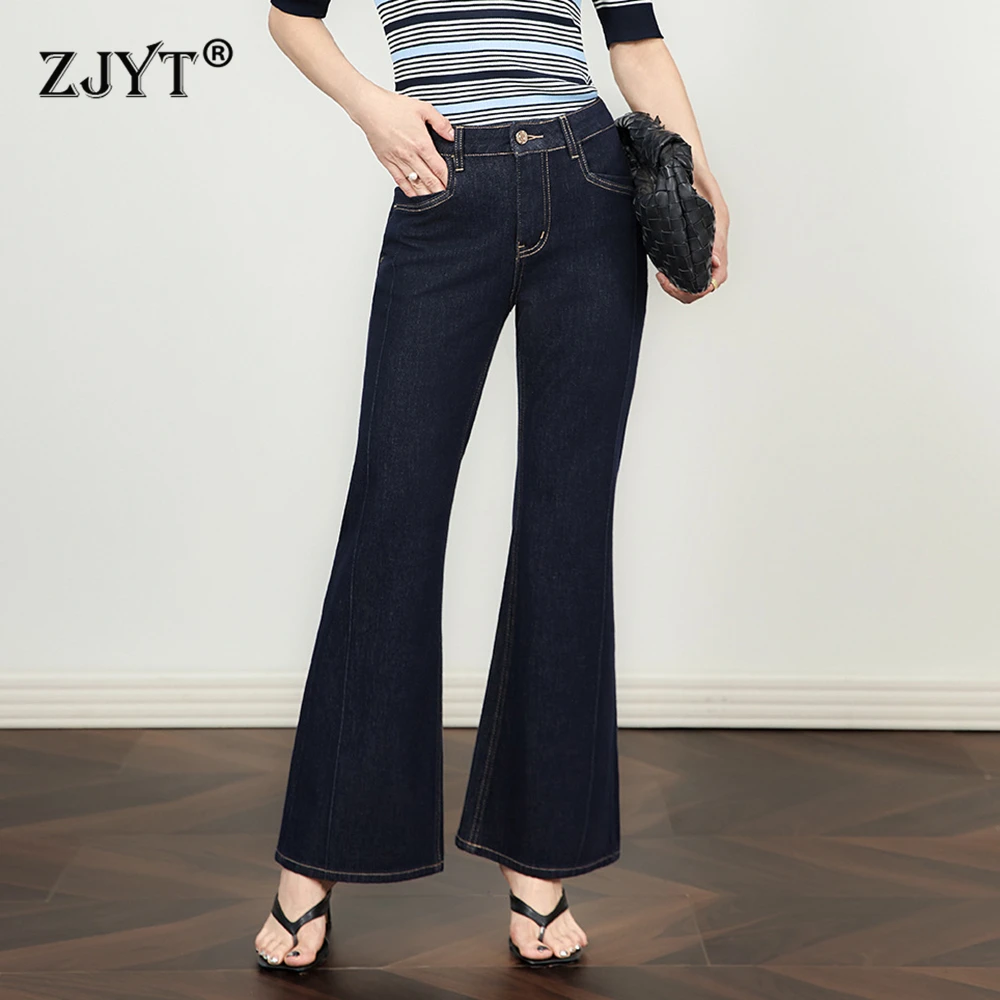 

ZJYT Women Fashion Flare Pants Cotton Jeans Vintage Blue High Waist Casual Streetwear Full Length Denim Trousers Female