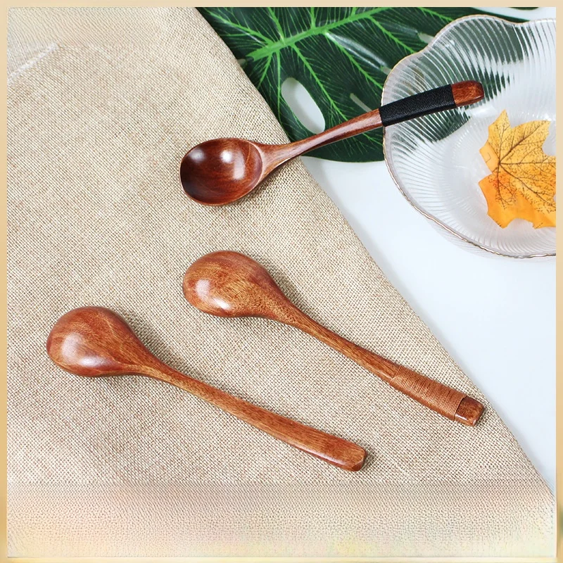 Home Use Wooden Spoons Pure Colored Old Painted Nance Wood Small Soup Spoons Japanese Style Honey Spoons Wrapped Thread Spoons