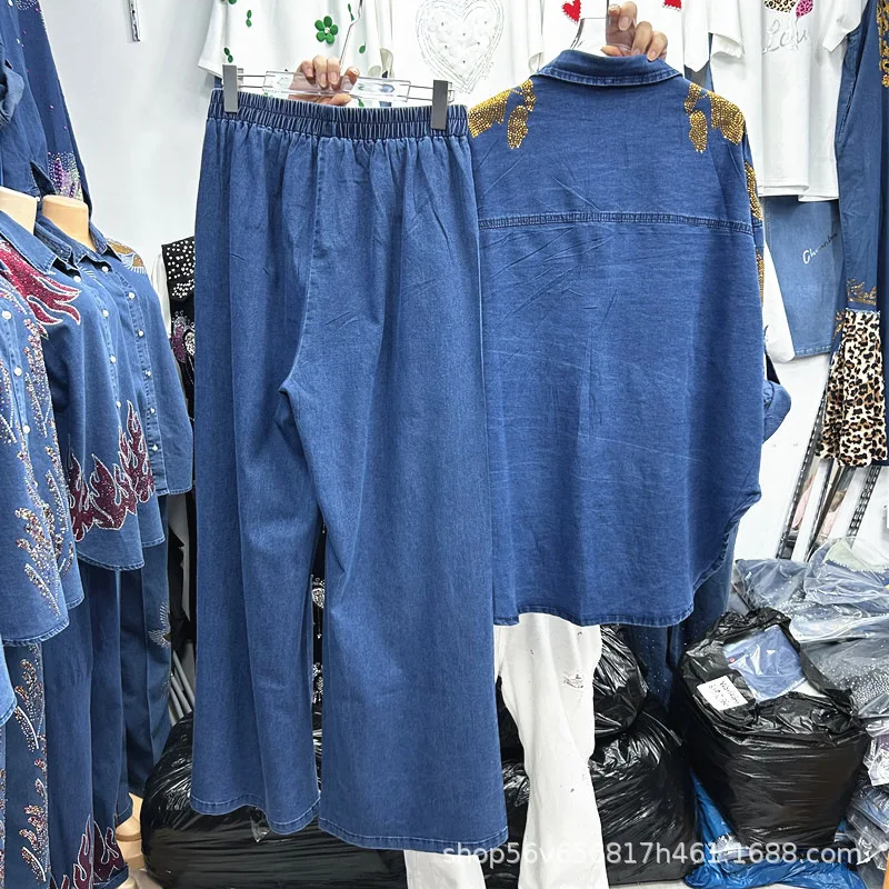 Fashion Women Denim Two-piece Set Spring Autumn Hot Diamonds Loose Cardigans Shirts + Elastic Waist Casual Wide Leg Pants 2026