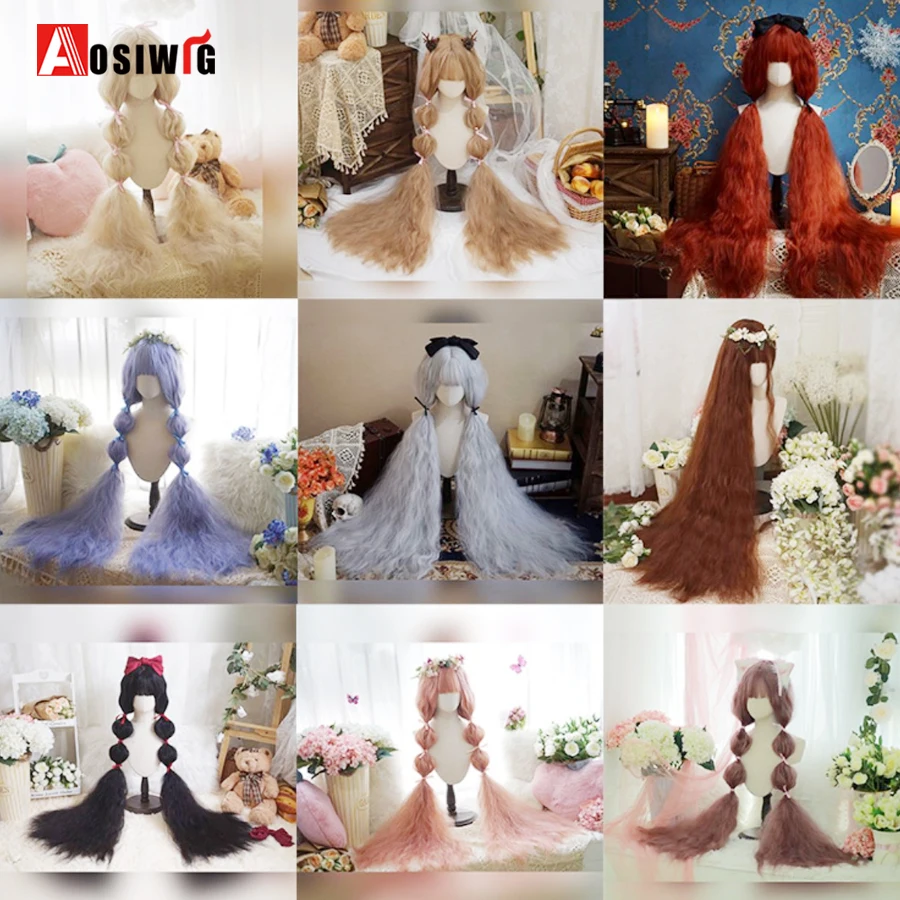 Aosiwig sintético 120cm extra longo ondulado encaracolado lolita menina festa de halloween doce cosplay peruca diária fibra resistente ao calor