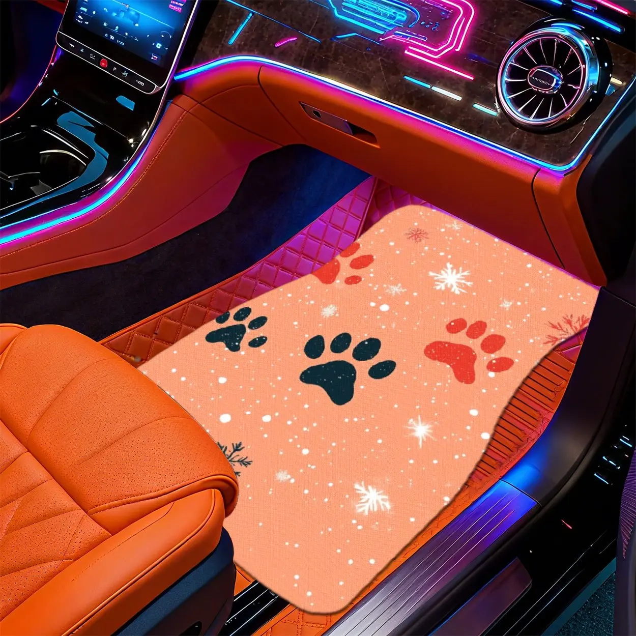 2D Floor Mats Featuring Modern Minimalist Designs With Orange Backgrounds, Cat And Dog Paw Prints, And Snowflakes - Suitable For
