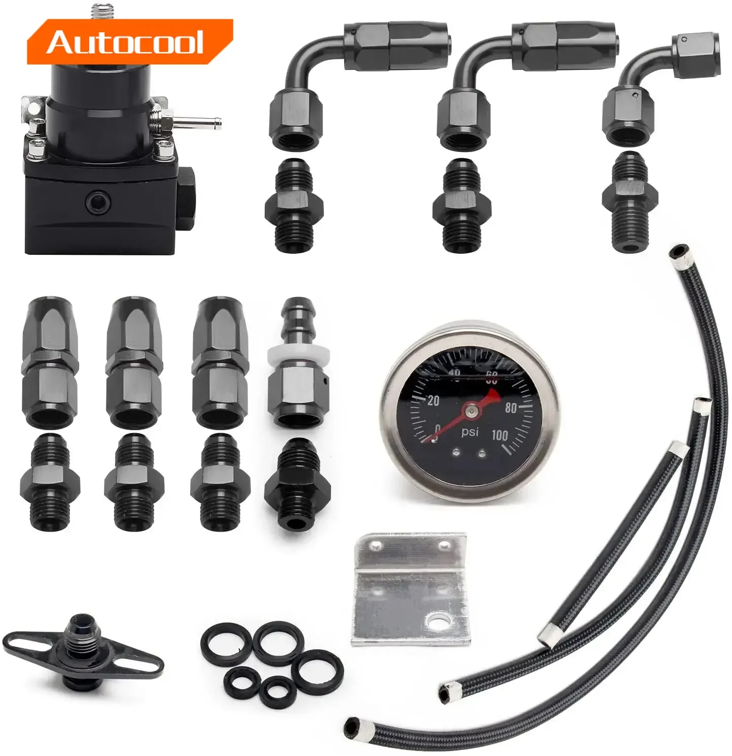 

Universal Adjustable Fuel Pressure Regulator Kit 100psi Gauge AN6 Fitting Black