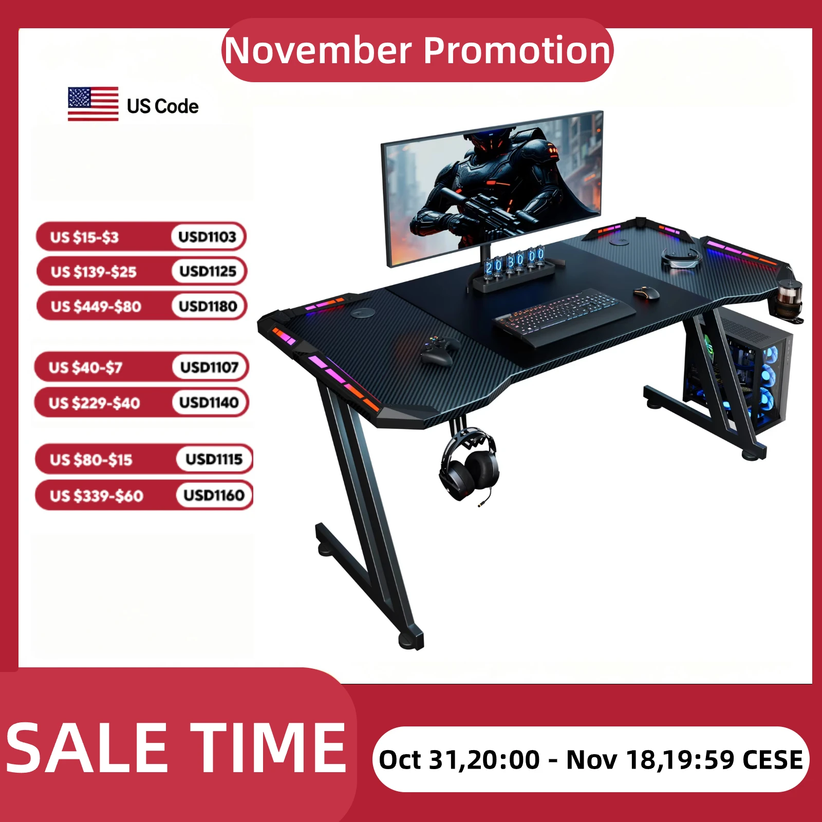 47/55/63inch Computer Desk, Gaming Desk with LED Lighting, Computer Gaming Desk with Carbon Fibre Top, Sturdy Office Desk with Headphone Hook & Cup Holder, Black