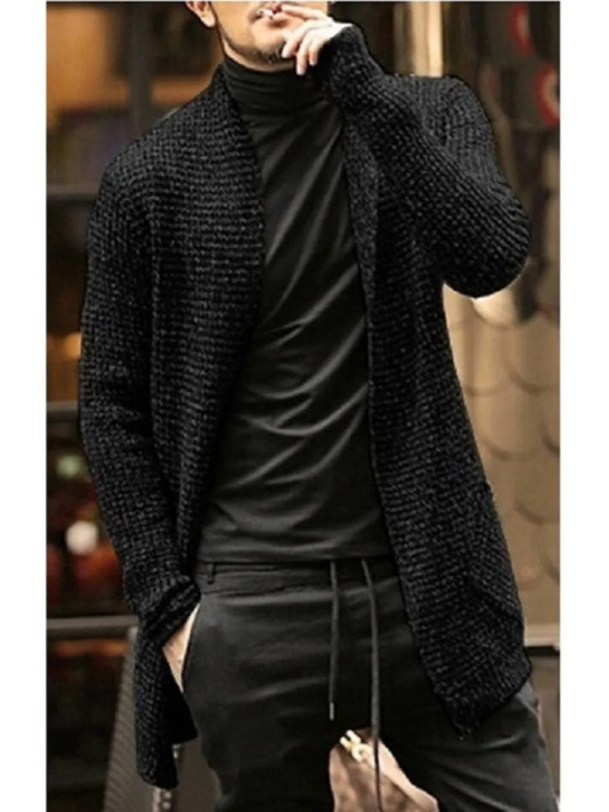 Men's Mid-Length Open Cardigan Sweater Coat Personali Design Mixed Color Knitted ket Windbreaker Outerwear Casual Winter