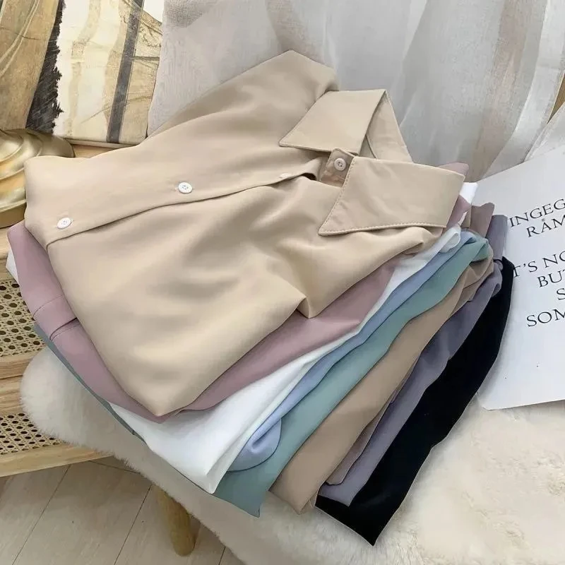 

Elegant Casual Long Sleeve Pure Color Women's Shirt Spring Autumn Loose Drapey Shirt Versatile Fashionable Top Collar