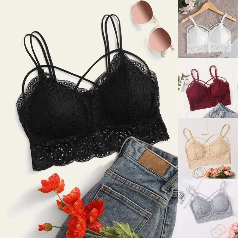 Women Lace Sexy Top Solid Tops Unpadded Bralette Bra Bustier Mesh Lined Female Fashion Crop Tops