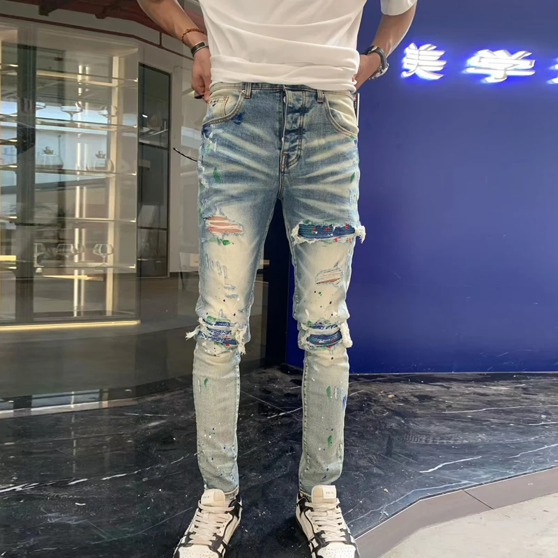 

y2kУличные модные мужские светло-голубые джинсы в стиле ретро, эластичные узкие окрашенные джинсы с разрезом, мужские лоскутные брендовые брюки в стиле хип-хоп HombreY2K