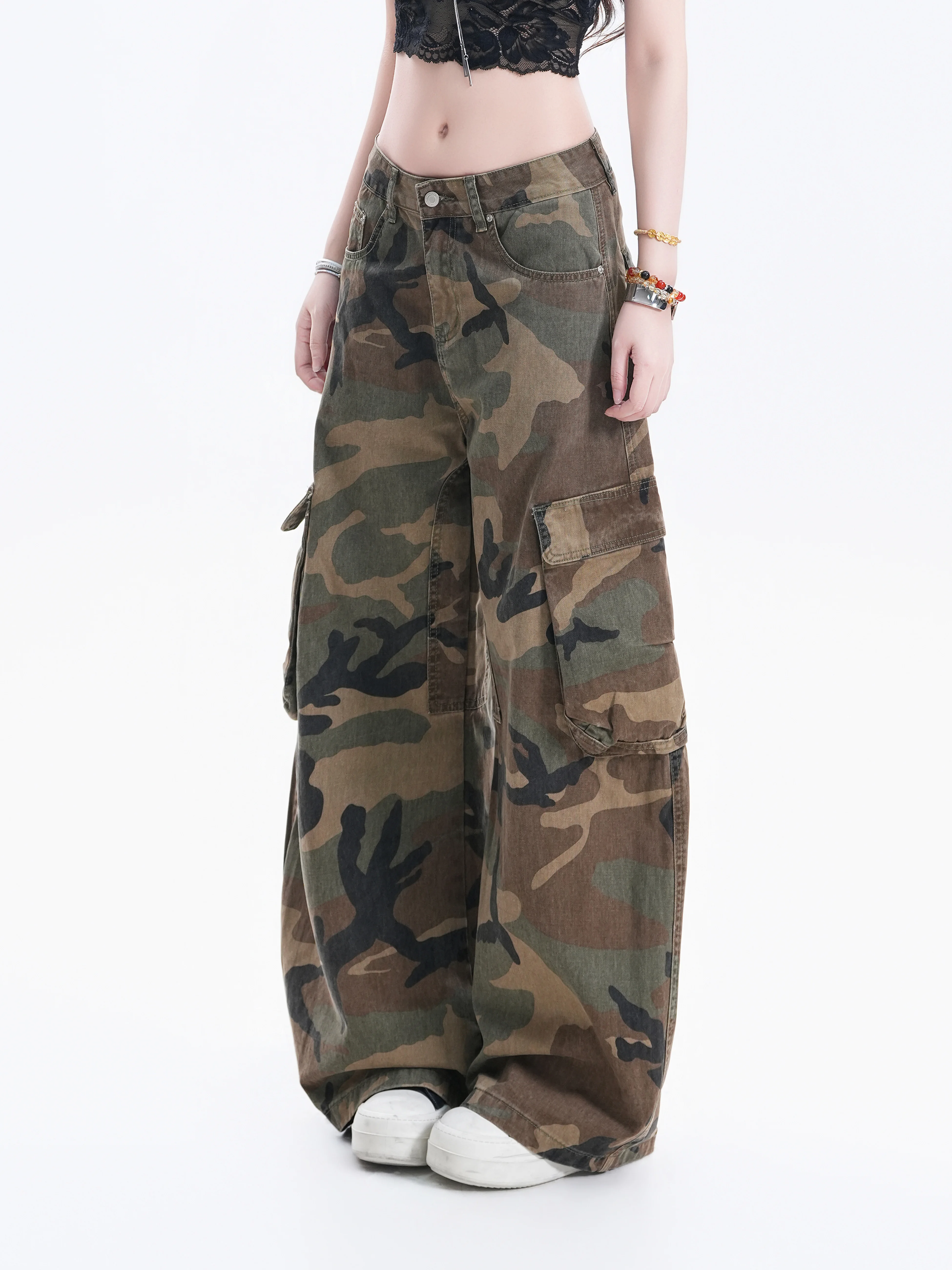 Vintage American Street Camouflage Work Pants Women Summer Washed Wide Leg Neutral Jeans Natural Waist Pocket Cotton