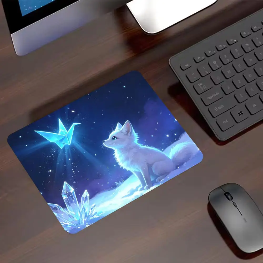 Mini Neon Black Cat Glowing Wishing Jar Mouse Pad, Dark Starry Sky Fantasy Animal Anti-Slip Rubber Keyboard Pad