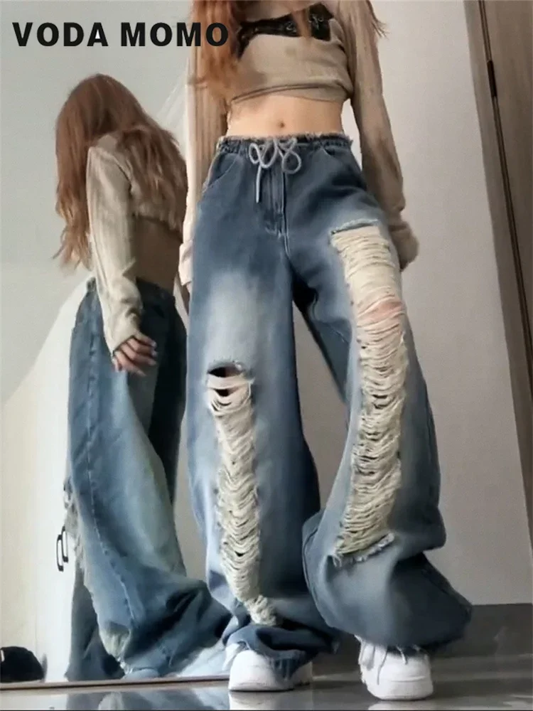 Loose Wide Leg Pants Ladies Y2K Spring  Summer Baggy Boyfriend Jeans For Women Streetwear Straight Pants Ripped Jeans High Waist