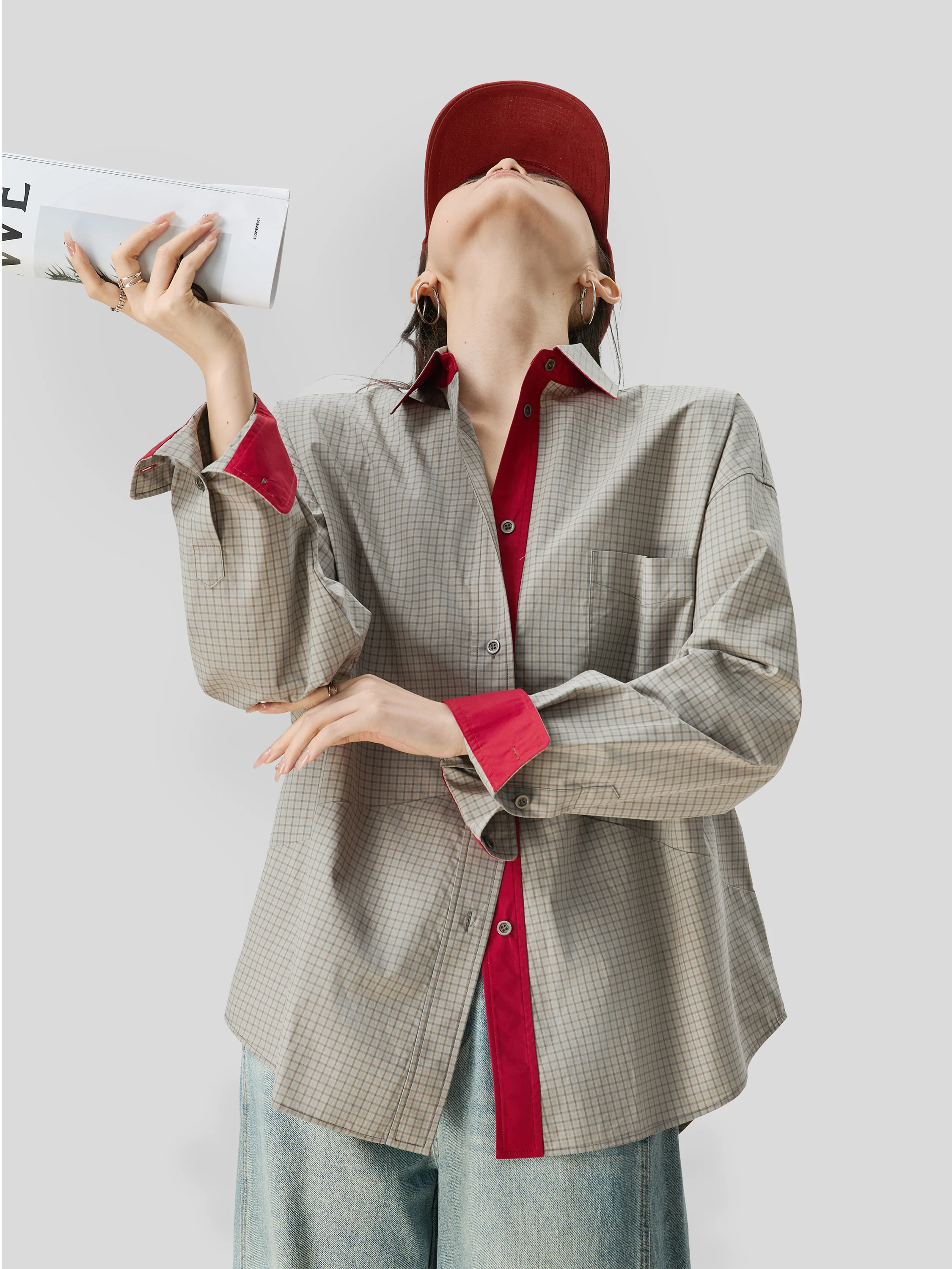 

Loose Women's Plaid Long Sve irt Jaet Korean Sle Contrast Color Lazy Autumn Top Cotton Bubble Sve Collar