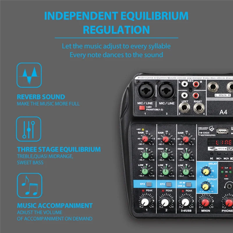 -A99Z Professional 4 Channel Digital Mixer Sound Card Microphone Mobile Phone Live Broadcast Recording DJ Audio Equipment(US)
