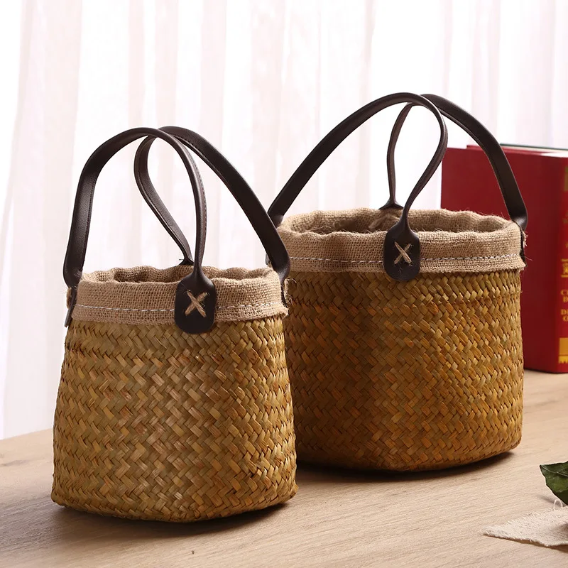 

Wicker Basket Bohemian Handwoven Seagrass Basket - Flower Pot Storage Organizer, Home Decor & Boho Vase for Dried Flowers