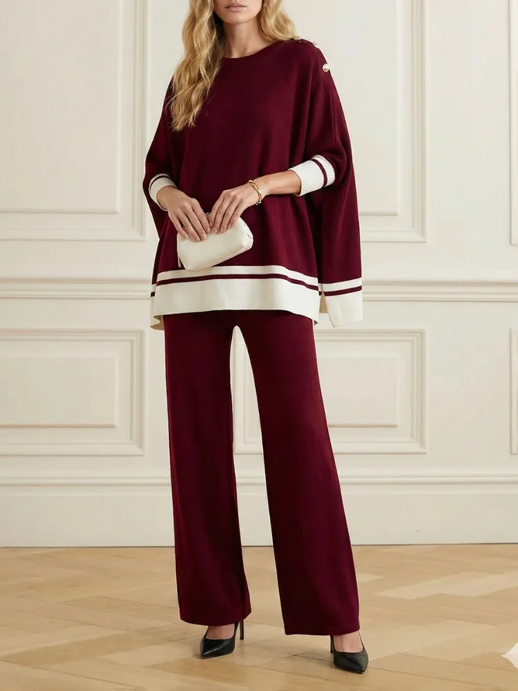 UOOZEE Women's Color Block Casual Office Knit 2 Piece Sets 3/4 Sleeves O-Neck Button Loose Sweater & High Waisted Wide Leg Pants