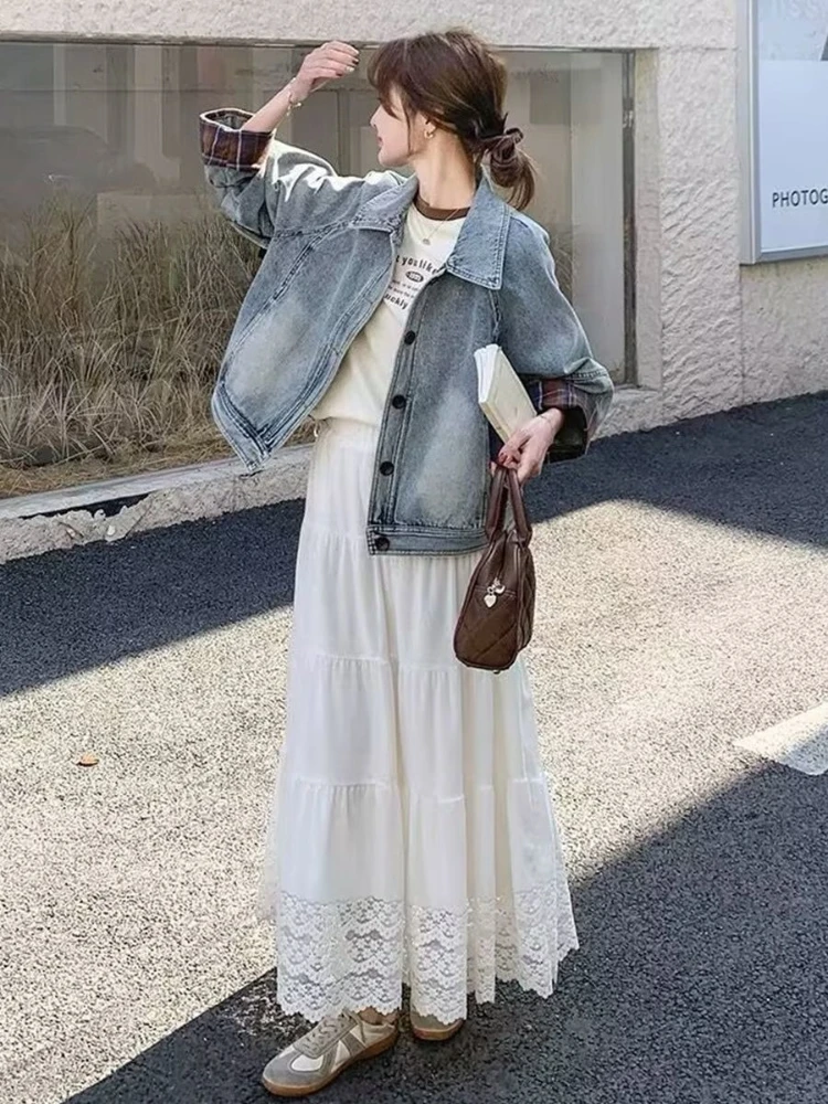 

Женская ранняя весна-осень 2024, новая повседневная свободная клетчатая лоскутная джинсовая куртка с закрученными манжетами, короткая винтажная универсальная куртка в стиле HK