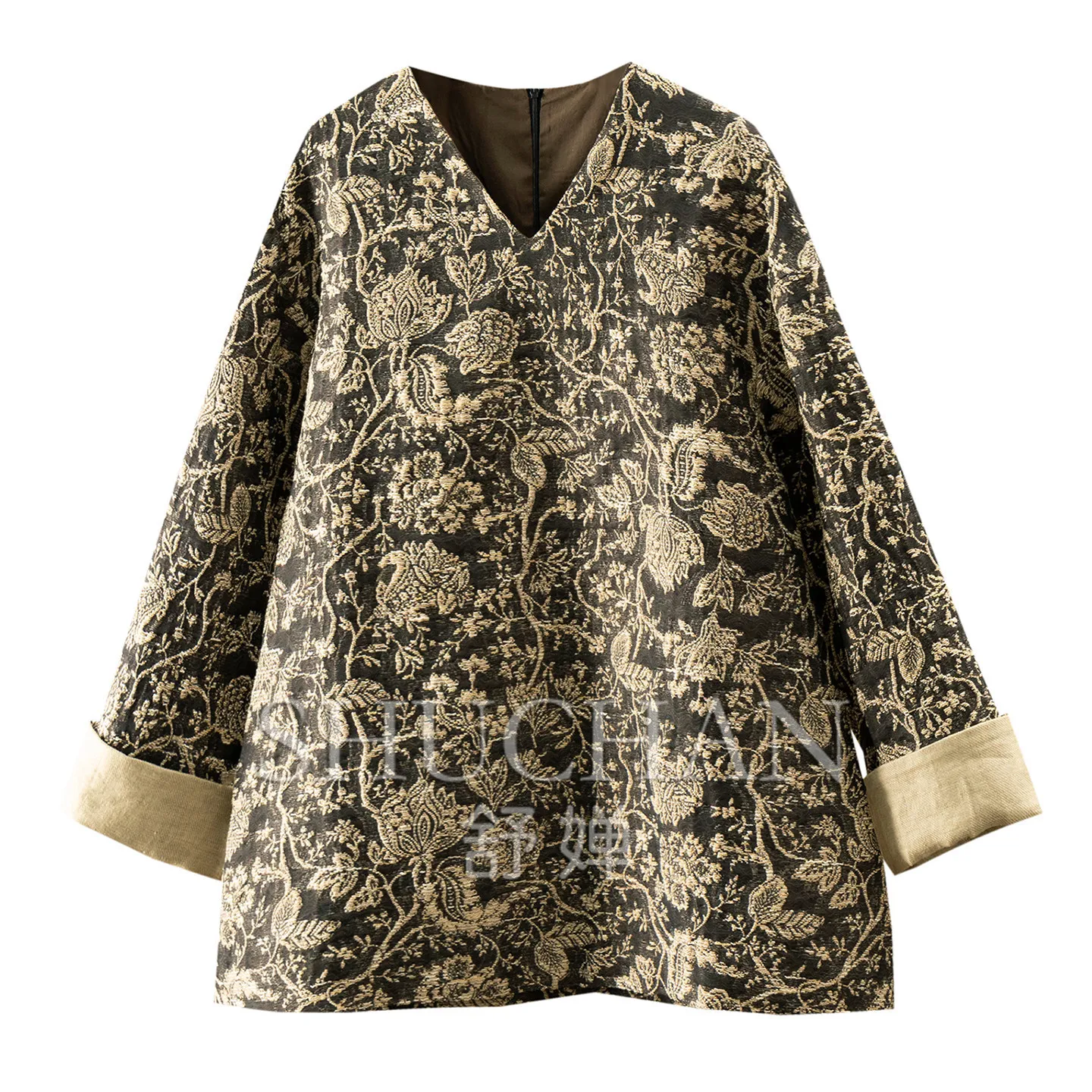 Blouse Oriental Extravagant Flowers with Silk Dark Pattern V-neck Lazy Shirt Jacket Women E064 Blusas Femininas