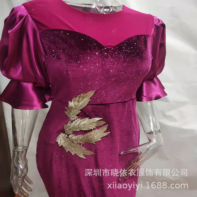Vestidos largos negros de terciopelo con lentejuelas bordadas en el pecho, vestido de manga abombada con clase para mujer, fiesta de primavera y