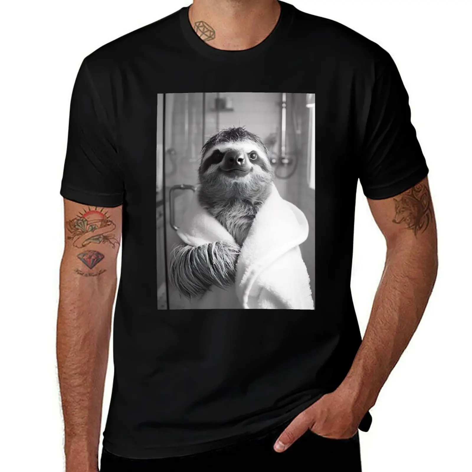 Camiseta de perezoso con albornoz en el baño, camisetas de aflicción con estampado animal para niños, ropa kawaii, camisetas divertidas para hombres