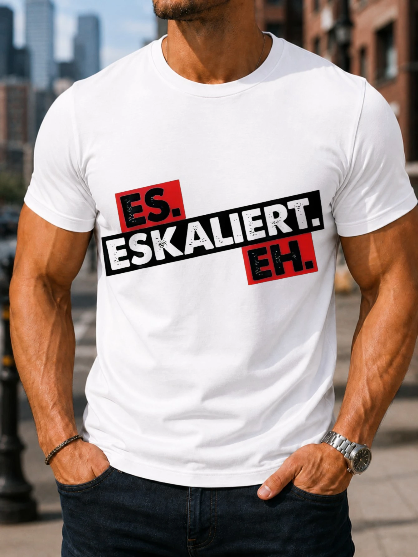 German escalation phrase in red  and  block typography graphic with vivid centered artwork and a  Unisex All T-Shirt