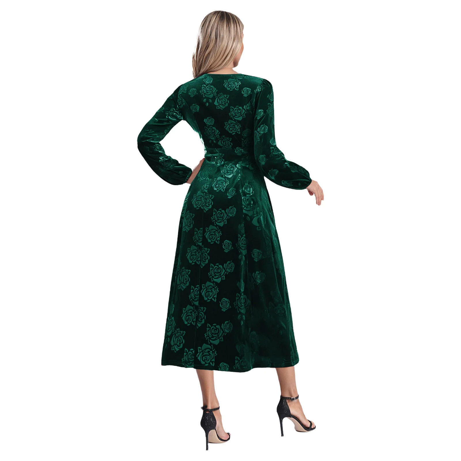 Womens Vintage jaren 1920 Flapper fluwelen jurk Rose Jacquard V-hals lange mouw A-lijn midi-lengte jurk voor cocktails bruiloften feest