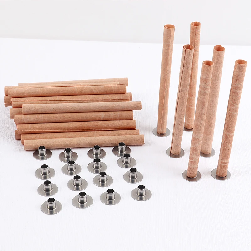 10 Pcs Wooden Candle Wicks Set Round Tube Natural Smokeless Wooden Candle Core Cylindrical with Base For DIY Candle Making Craft