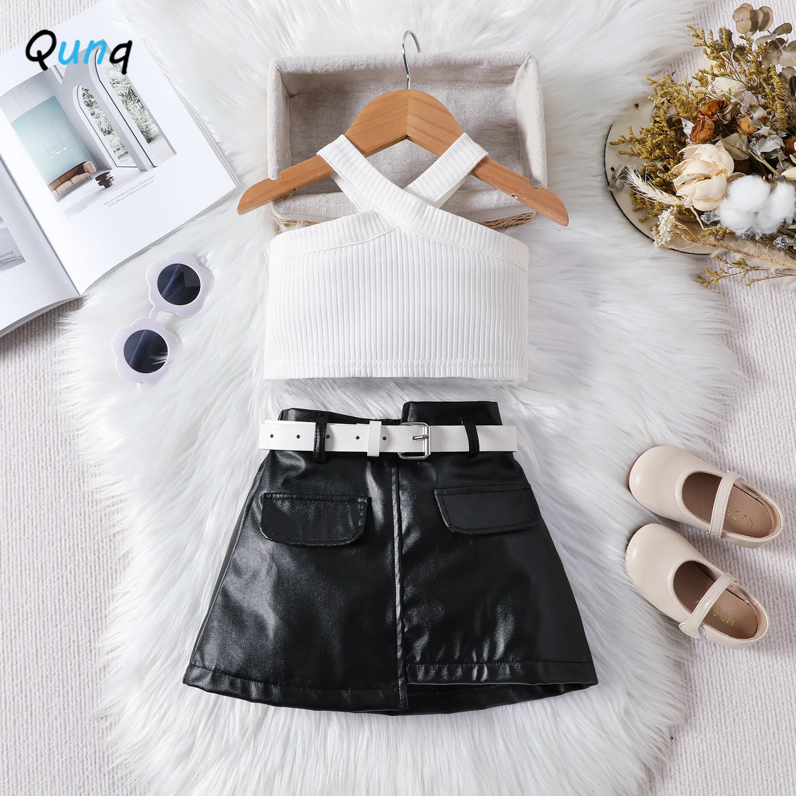 Qunq 2024 Spring Children\'s Wear Solid Color Cross Cut Off Shoulder Hanging Neck Tank Top Short Skirt Belt Three piece Set 2T-5T