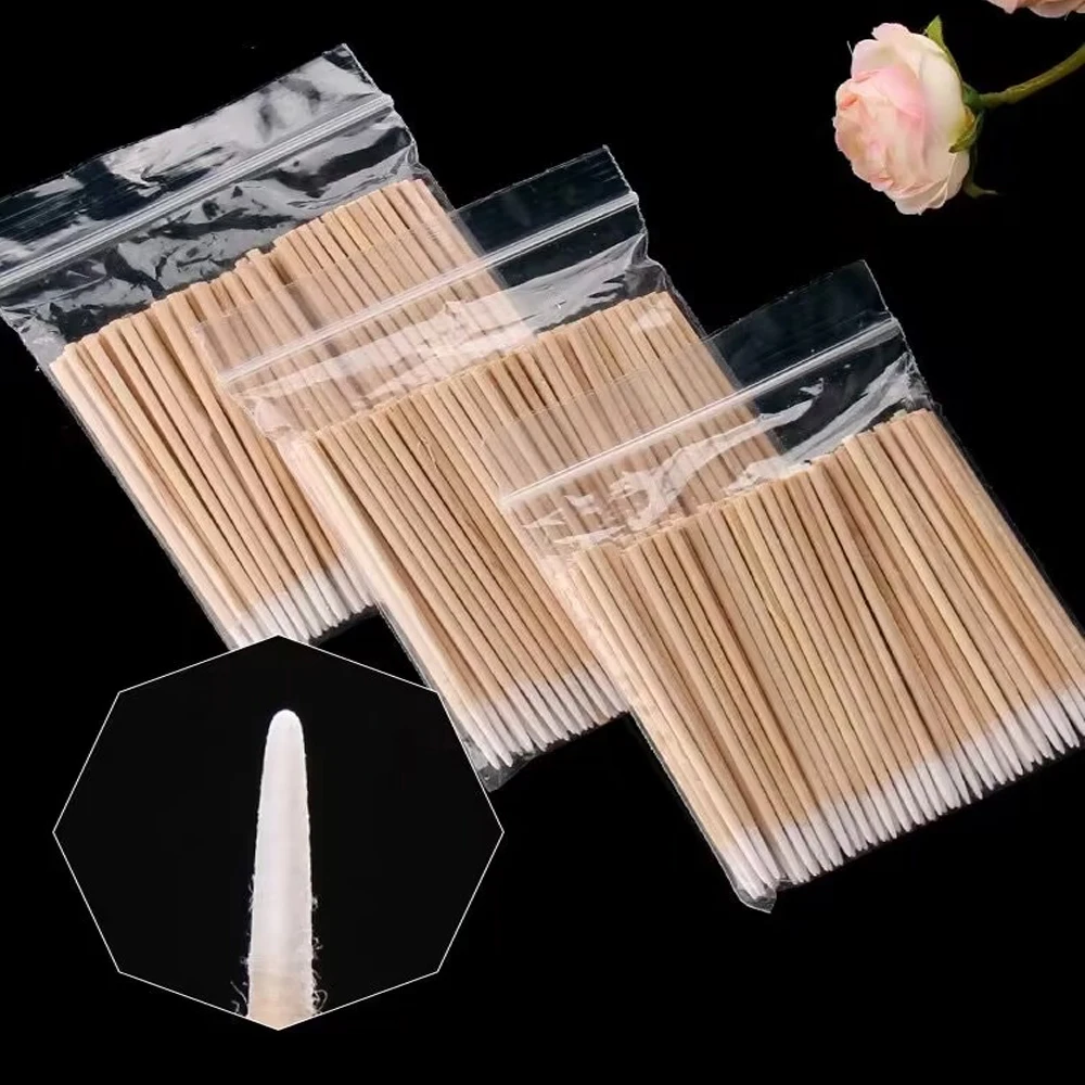 100pcs Wooden Nail Art Eyebrow Eyeline Cotton Swabs Lip Gloss Pointy Swabs Cleaning Sticks Eyelash Extension Applicators tools