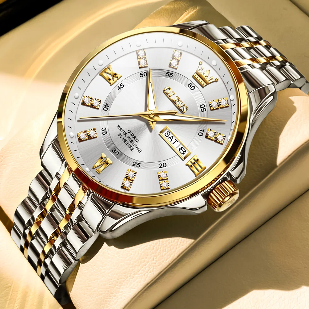 OLEVS Orologi da uomo di moda Trend Orologio al quarzo originale per uomo Orologio da polso impermeabile in acciaio inossidabile Data settimana Luminoso 3620