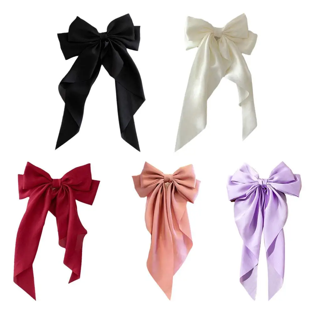 Elegant Bow Ribbon Hair Clip Fashion Simple Solid Satin Spring Clip Hair Pin Retro Headband With Clips Girls Hair Accessories