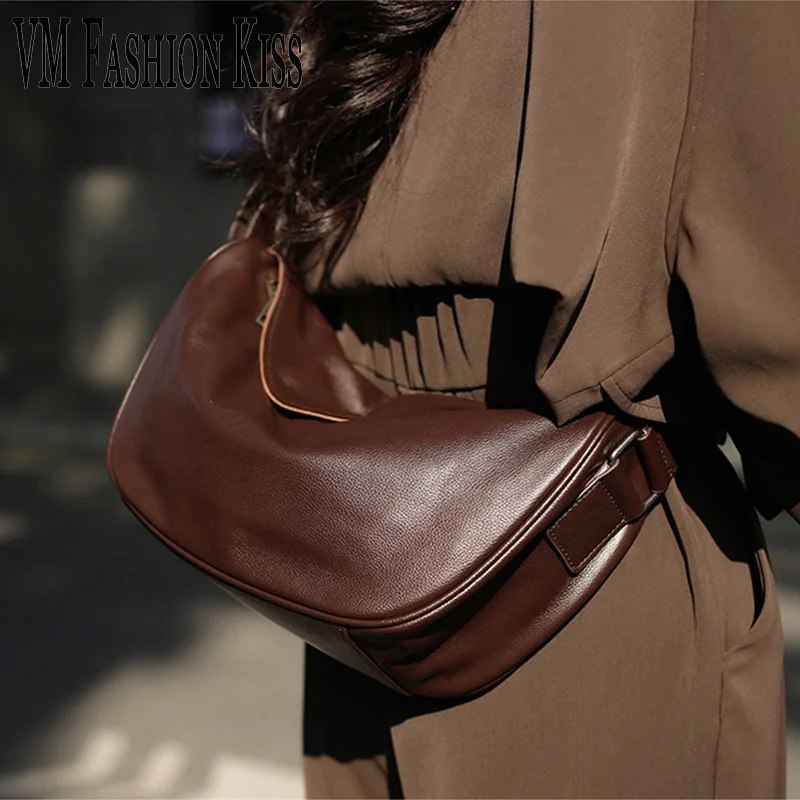 VM FASHION KISS 2024 Genuine Leather Crossbody Bag European And American Vintage First Layer Cowhide Single Shoulder Bag Hobos