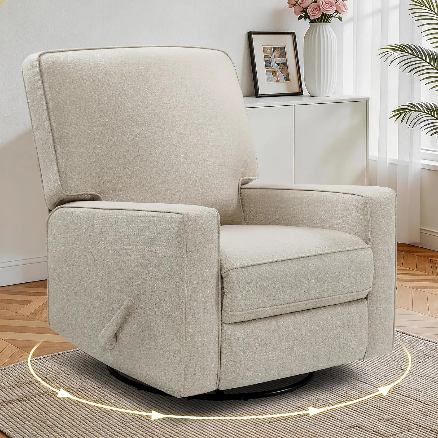 360° Swivel Rocker Recliner Nursery Glider Beige Manual Chair Linen Fabric Wood Frame Metal Base Living Room Bedroom, Customized