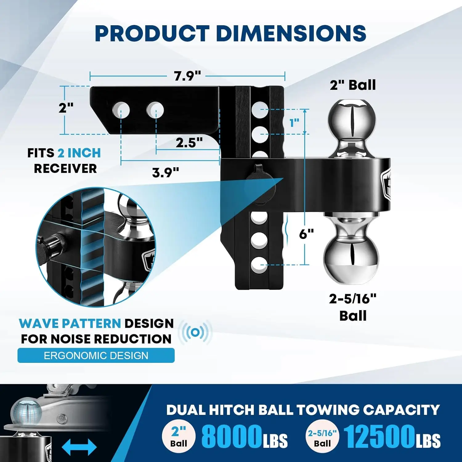 Trailer Hitch Fit Receiver, Dual Solid Ball,Drop & Rise Heavy Duty Aluminum Tow Hitch with 4 Silencer Pads & 2 Locking Hitch