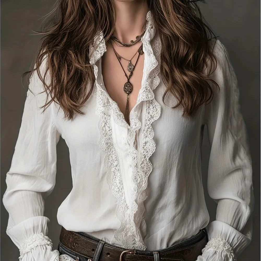 

Casual Retro Shirt Spring Summer Women's New Sweet Fashion Elegant Home Lazy Style Lace Stand-up Collar Long-sleeved V-neck Top