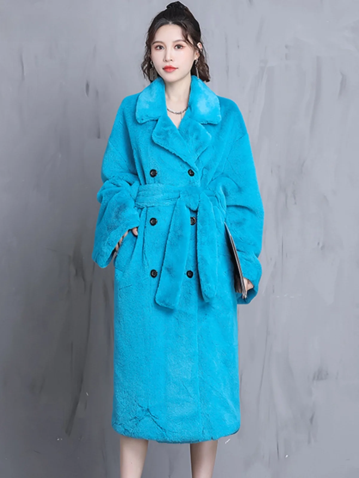 Nerazzurri Purple Oversize Faux Fur Coat Women's Long Double-Breasted Belted Loose Plush Outerwear Korean Style Commute Wind