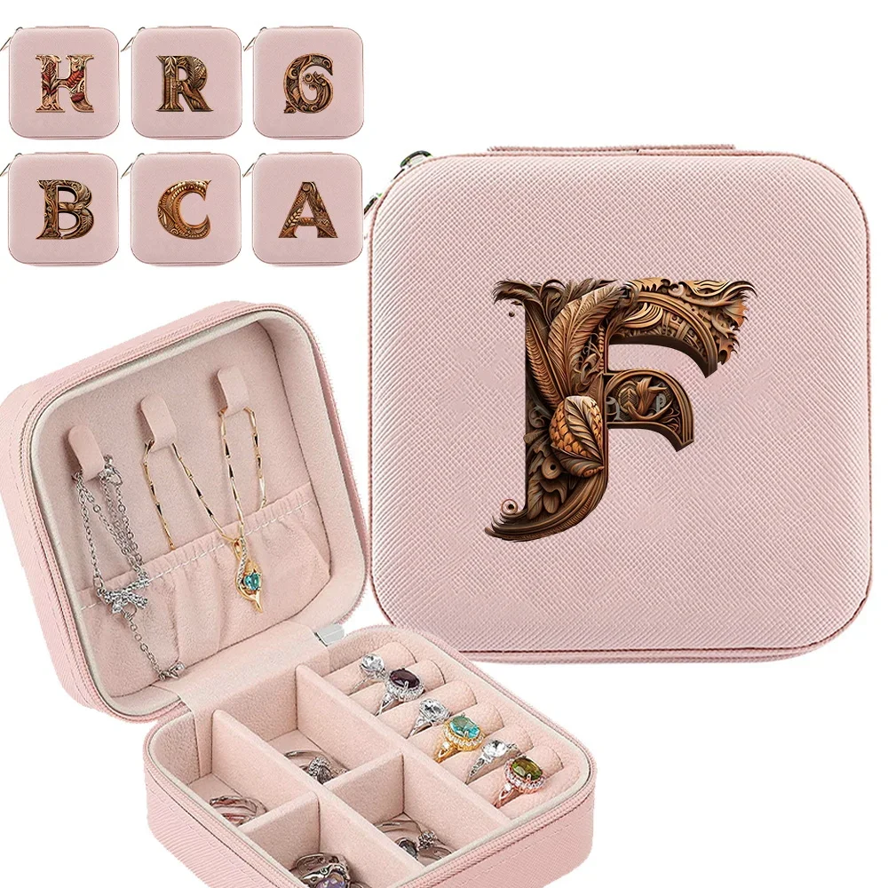 Jewelry Case Portable Travel Jewelry Box Personalized Gifts Leather Wood Art Letter Pattern Storage Zipper Jewelers Jewelry Box