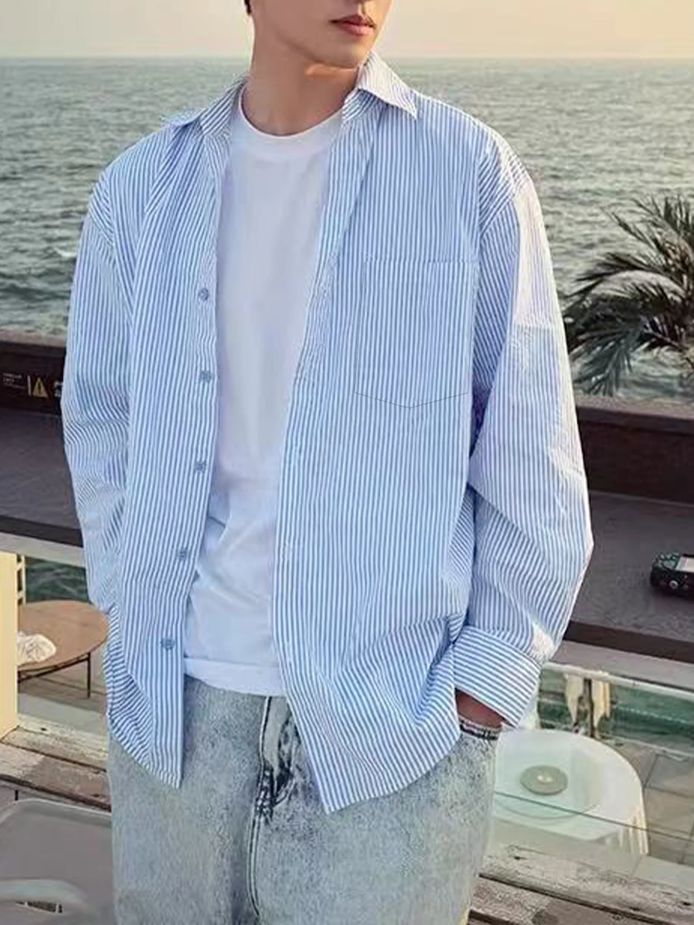 Spring and Autumn New Men's High-End Trendy Long Sleeve Fine Stripe Shirt, Stylish and Cool Casual Shirt