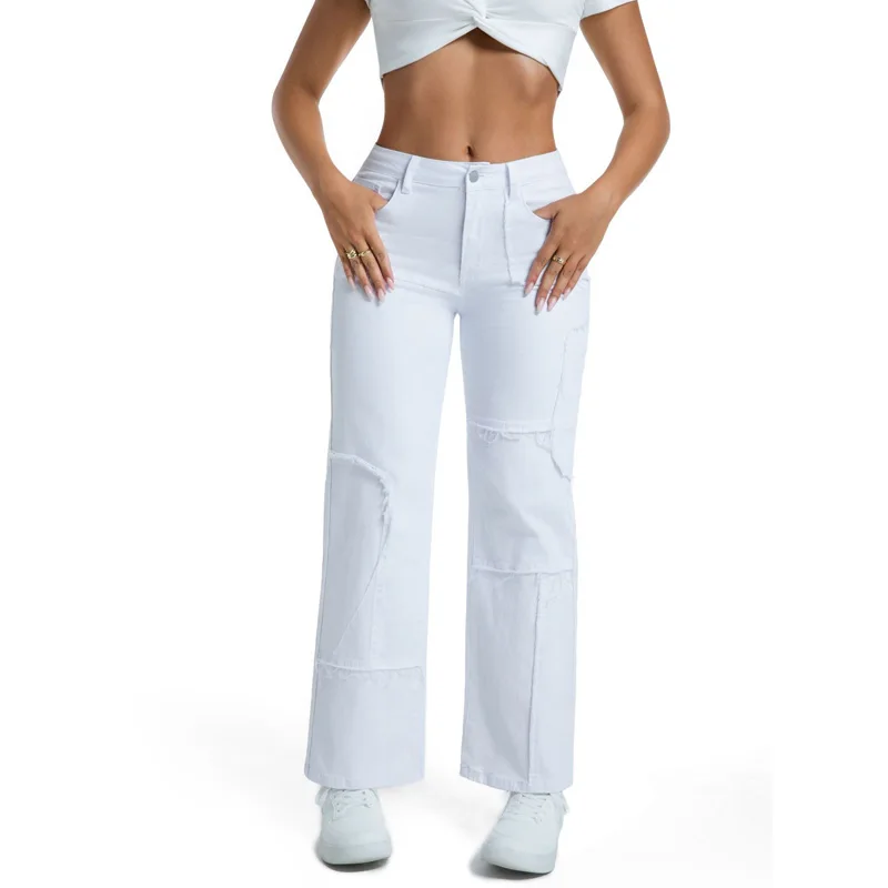 Celana Jeans Wanita Model Straight-cut Low-rise Open Crotch Pinggang Sedang Raw Trim Patchwork Fashion Wanita 2025 Streetwear Retro Terbaru