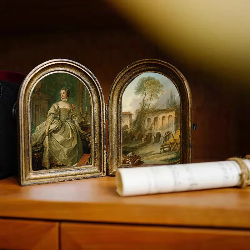European vintage luxury bedroom decorative painting, French double-arch frame, sofa feature wall