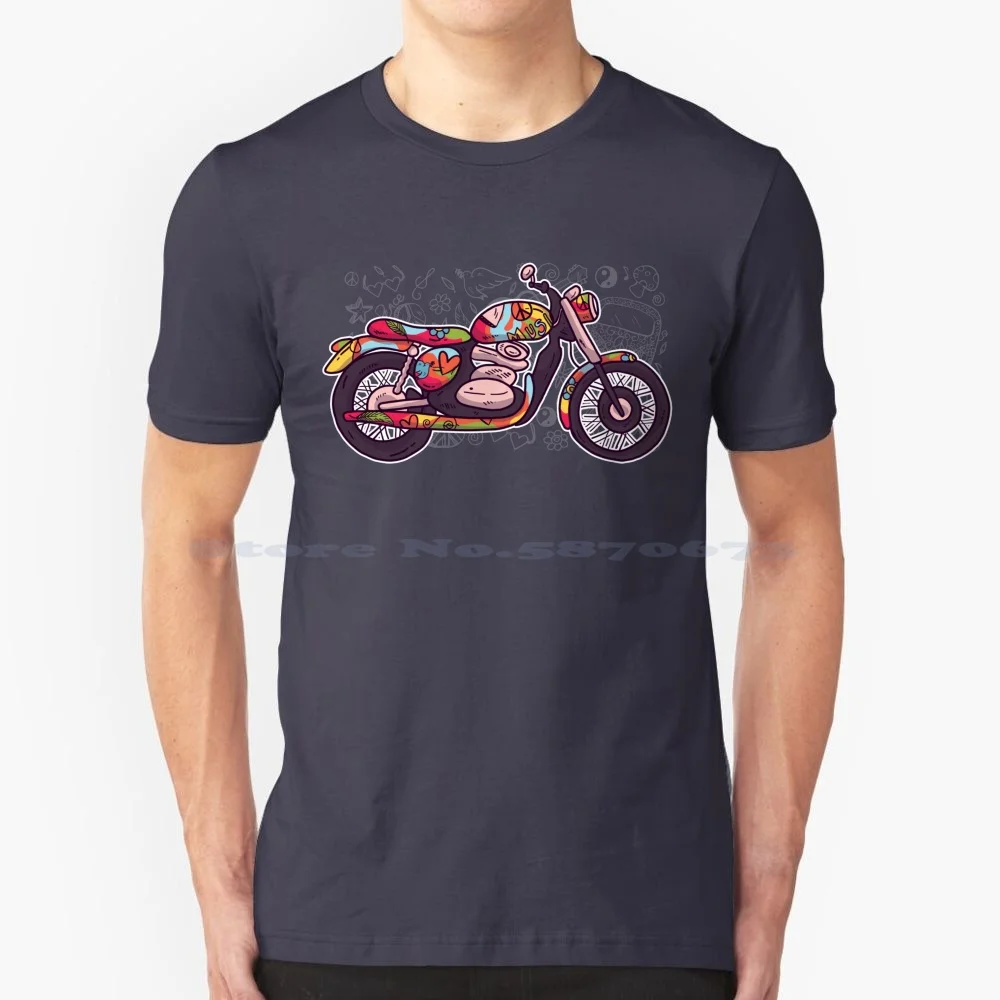 Hippie Motorcycle T Shirt 100% Cotton Tee Hippie Motorcycle Hippy Cool Vintage 70S 80S 60S Motorbike 90S Scooter Custom Girls