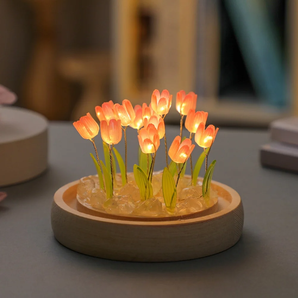 Tulip Lamp Night Light with Soft Glass Petals and Wooden Base Perfect for Adding Warmth and Style to Bedroom or Living Room